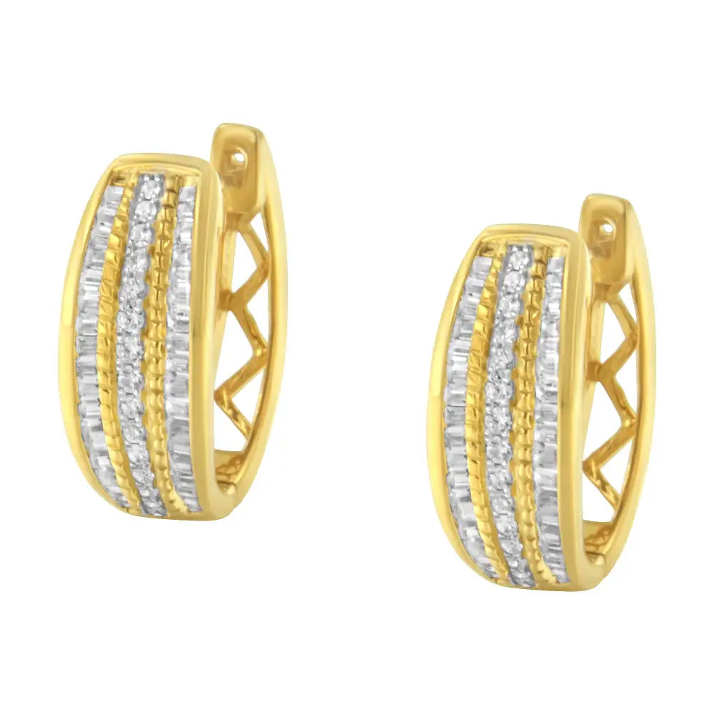 10k Yellow Gold 3/4 Cttw Pave and Channel Set Diamond Triple Row Modern Hoop Earrings (i-j Color I2-i3 Clarity) - Fine