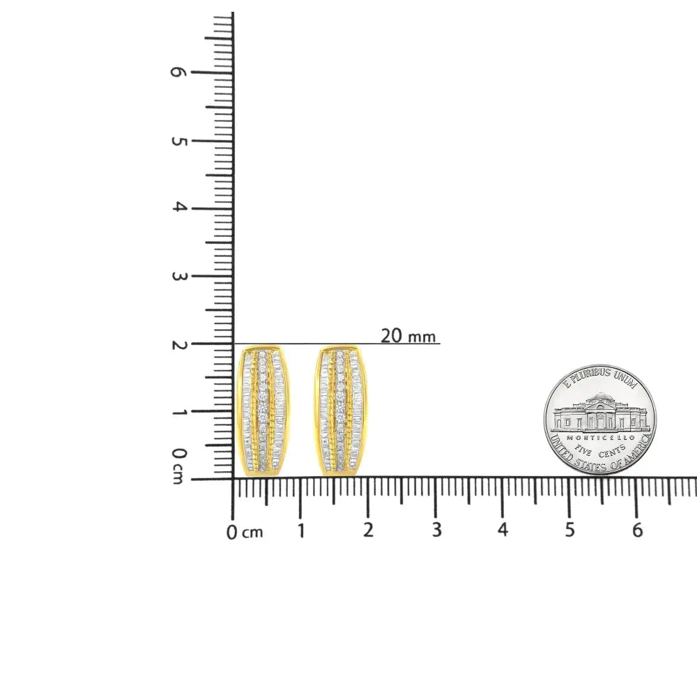 10k Yellow Gold 3/4 Cttw Pave and Channel Set Diamond Triple Row Modern Hoop Earrings (i-j Color I2-i3 Clarity) - Fine