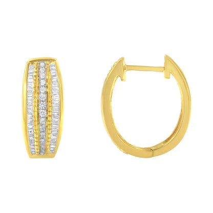 10k Yellow Gold 3/4 Cttw Pave and Channel Set Diamond Triple Row Modern Hoop Earrings (i-j Color I2-i3 Clarity) - Fine