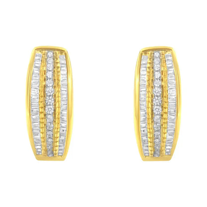 10k Yellow Gold 3/4 Cttw Pave and Channel Set Diamond Triple Row Modern Hoop Earrings (i-j Color I2-i3 Clarity) - Fine