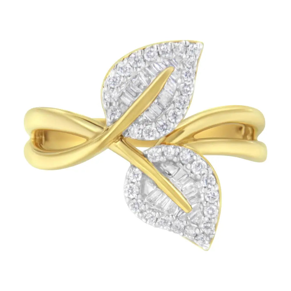 10k Yellow Gold 3/8 Cttw Round and Baguette-cut Diamond Leaf Cocktail Ring (i-j Color I1-i2 Clarity) - Fine Jewelry