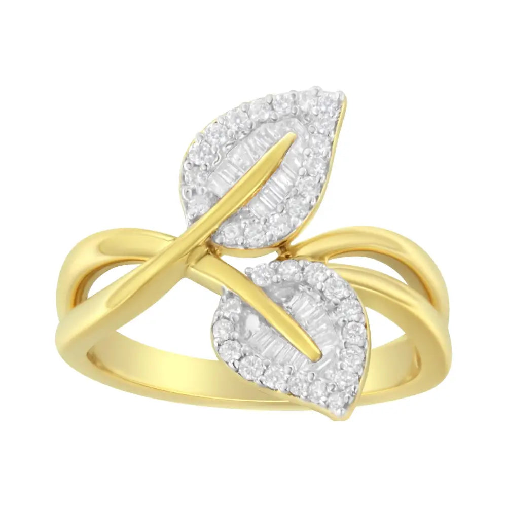 10k Yellow Gold 3/8 Cttw Round and Baguette-cut Diamond Leaf Cocktail Ring (i-j Color I1-i2 Clarity) - Fine Jewelry