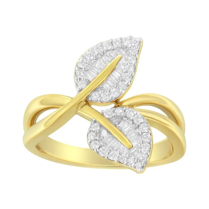 10k Yellow Gold 3/8 Cttw Round and Baguette-cut Diamond Leaf Cocktail Ring (i-j Color I1-i2 Clarity) - Fine Jewelry