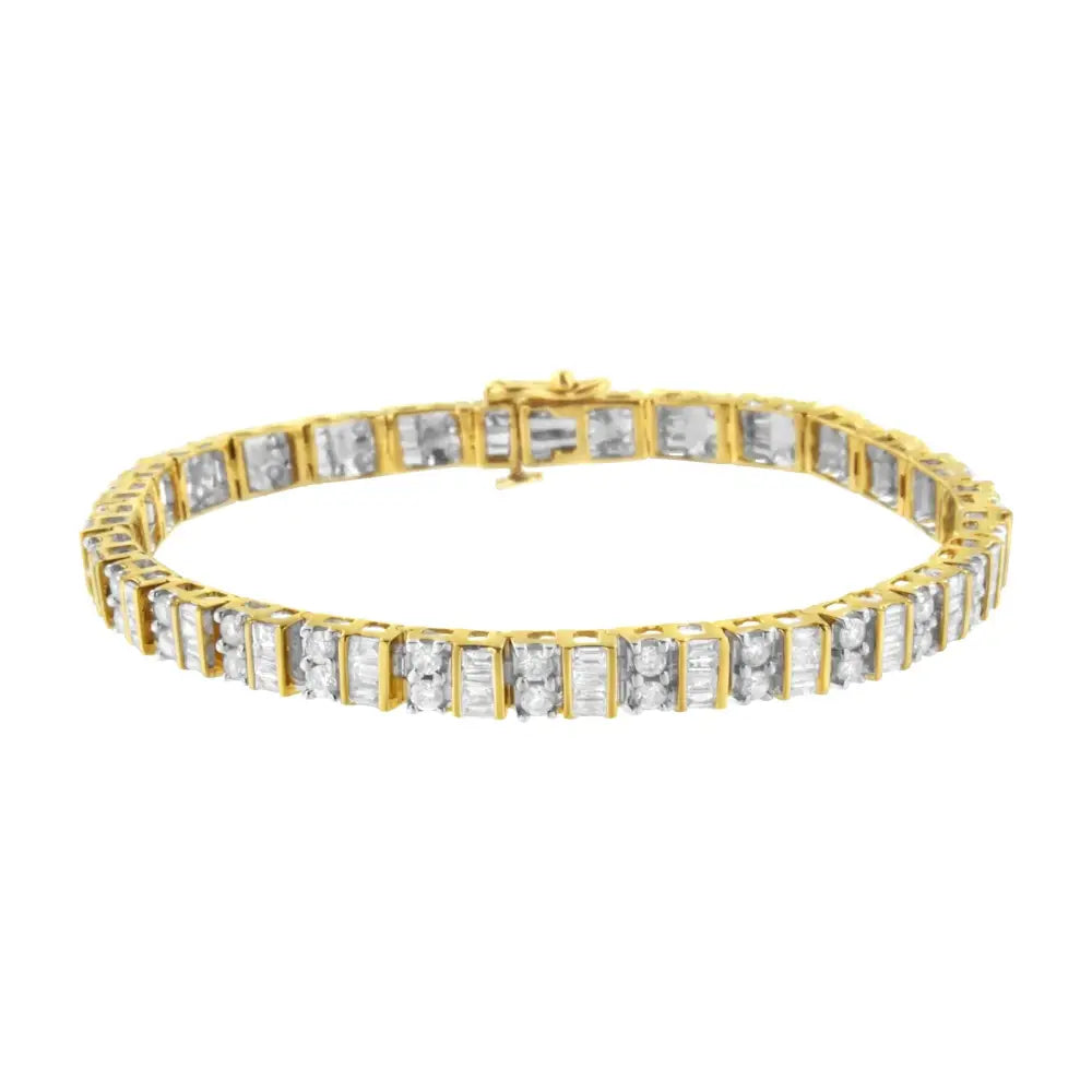 10k Yellow Gold 4.0 Cttw Alternating Baguette & Round Cut Diamond Bezel- Prong-set 7’’ Tennis Bracelet (g-h Color