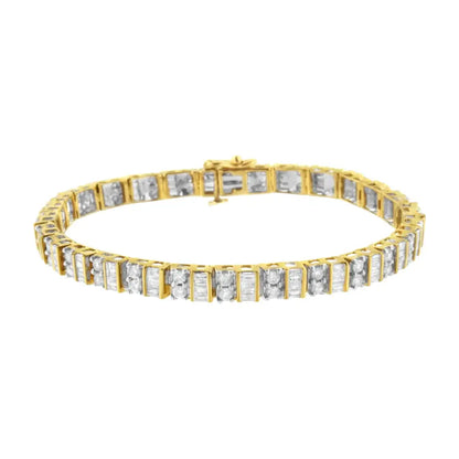 10k Yellow Gold 4.0 Cttw Alternating Baguette & Round Cut Diamond Bezel- Prong-set 7’’ Tennis Bracelet (g-h Color