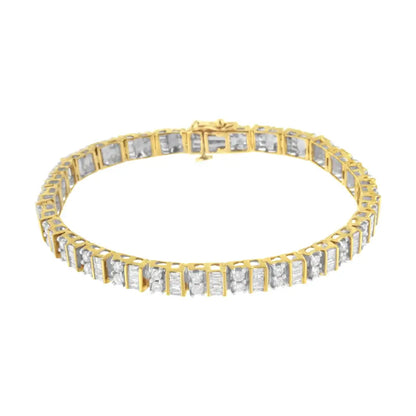 10k Yellow Gold 4.0 Cttw Alternating Baguette & Round Cut Diamond Bezel- Prong-set 7’’ Tennis Bracelet (g-h Color