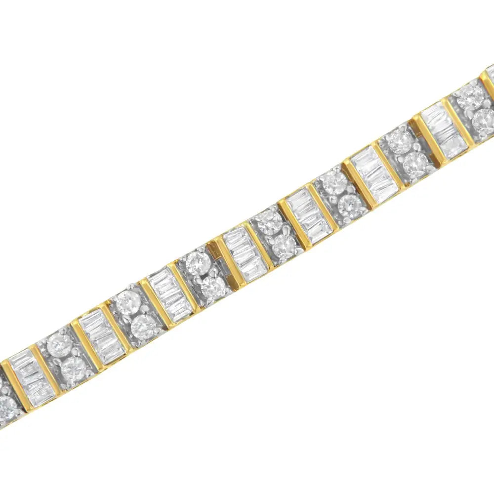 10k Yellow Gold 4.0 Cttw Alternating Baguette & Round Cut Diamond Bezel- Prong-set 7’’ Tennis Bracelet (g-h Color