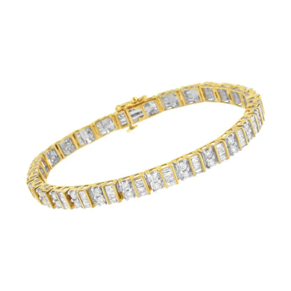 10k Yellow Gold 4.0 Cttw Alternating Baguette & Round Cut Diamond Bezel- Prong-set 7’’ Tennis Bracelet (g-h Color