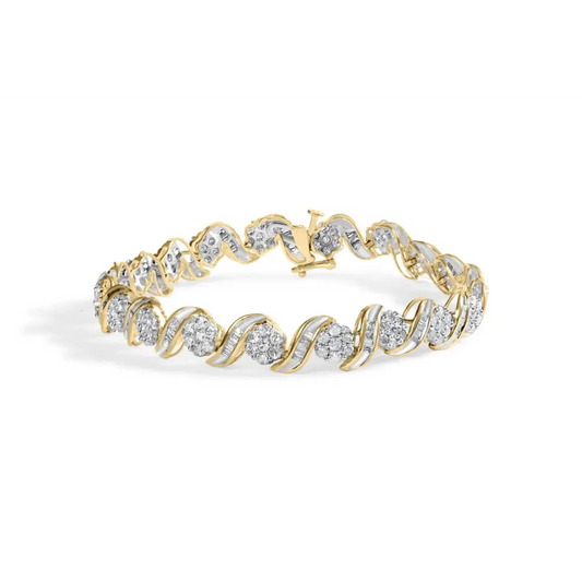 10k Yellow Gold 4.00 Cttw Diamond Floral Design Spiral Link 7.50’’ Bracelet (i-j Color I2-i3 Clarity) - Fine