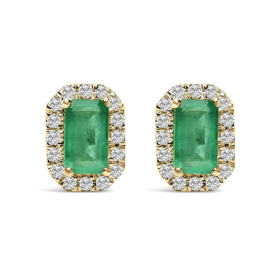 10k Yellow Gold 5x3mm Emerald-cut Green Emerald and 1/7 Cttw Diamond Halo Octagonal Stud Earrings (i-j Color I1-i2