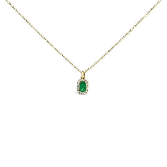 10k Yellow Gold 5x3mm Green Emerald and Diamond Accent Halo Octagonal Shape 18’’ Pendant Necklace (i-j Color I1-i2