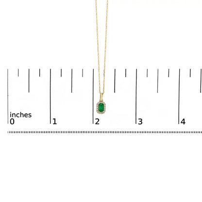 10k Yellow Gold 5x3mm Green Emerald and Diamond Accent Halo Octagonal Shape 18’’ Pendant Necklace (i-j Color I1-i2