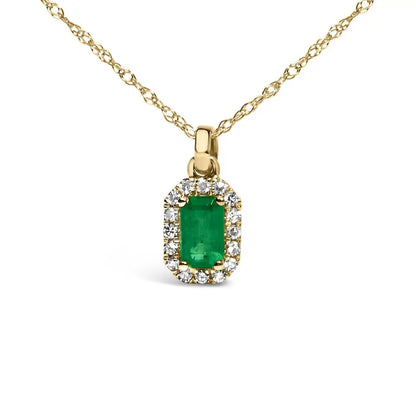 10k Yellow Gold 5x3mm Green Emerald and Diamond Accent Halo Octagonal Shape 18’’ Pendant Necklace (i-j Color I1-i2