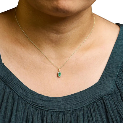 10k Yellow Gold 5x3mm Green Emerald and Diamond Accent Halo Octagonal Shape 18’’ Pendant Necklace (i-j Color I1-i2