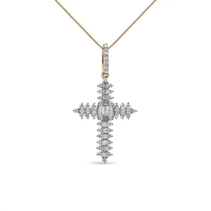 10k Yellow Gold 7/8 Cttw Round & Baguette Diamond Zigzag Pattern Cross Pendant Necklace (h-i Color Si2-i1 Clarity)