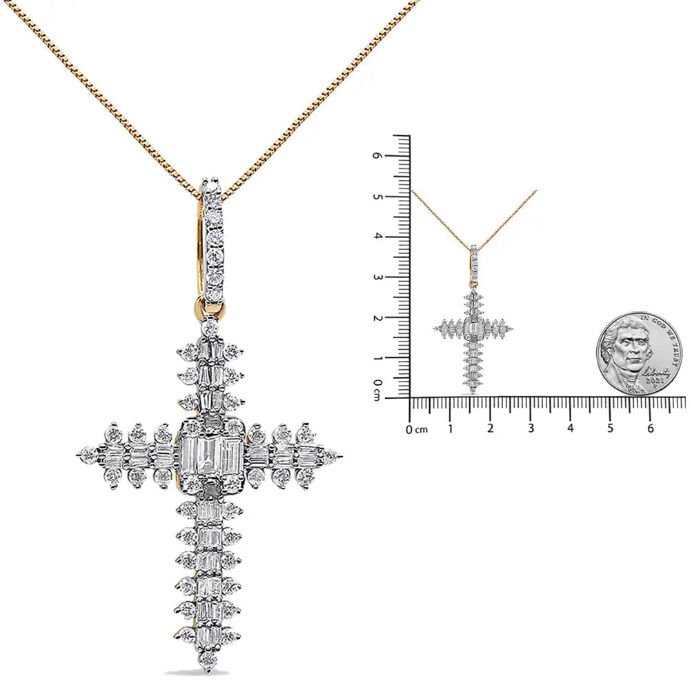 10k Yellow Gold 7/8 Cttw Round & Baguette Diamond Zigzag Pattern Cross Pendant Necklace (h-i Color Si2-i1 Clarity)