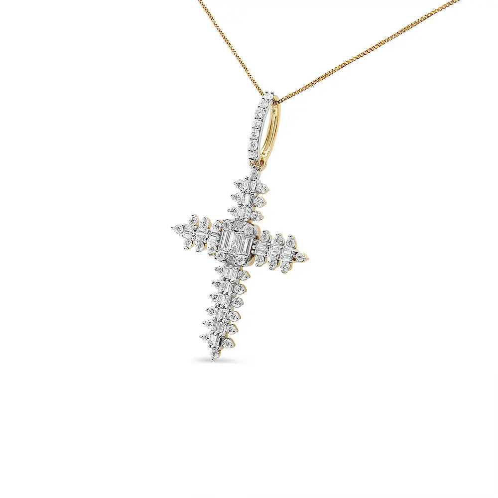 10k Yellow Gold 7/8 Cttw Round & Baguette Diamond Zigzag Pattern Cross Pendant Necklace (h-i Color Si2-i1 Clarity)