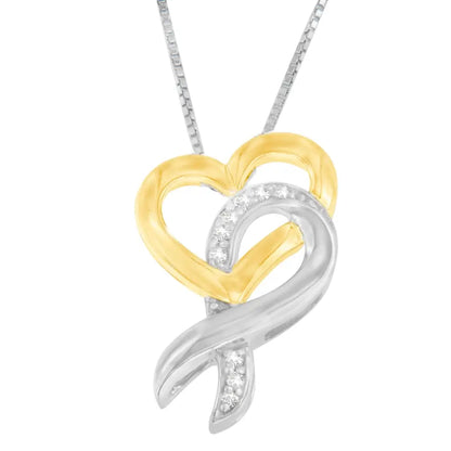 10k Yellow Gold and.925 Sterling Silver 1/20 Cttw Diamond Ribbon-heart Pendant Necklace (h-i I1-i2) - Fine Jewelry