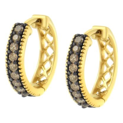 10k Yellow Gold and Black Rhodium 1/2 Cttw Lattice Back Cutout Round-cut Diamond Hoop Earring (j-k Color I1-i2 Clarity)