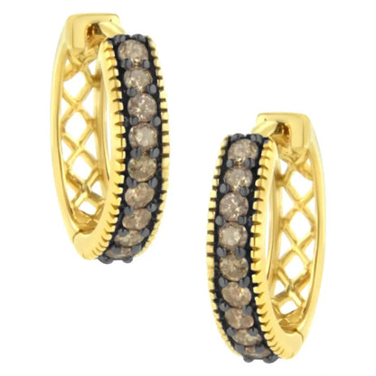 10k Yellow Gold and Black Rhodium 1/2 Cttw Lattice Back Cutout Round-cut Diamond Hoop Earring (j-k Color I1-i2 Clarity)