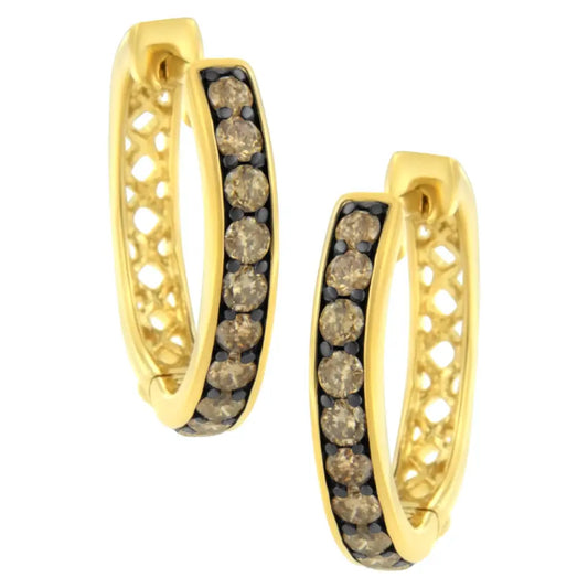 10k Yellow Gold and Black Rhodium Plated 1.0 Cttw Round-cut Diamond Hoop Earrings (champagne Color I1-i2 Clarity)