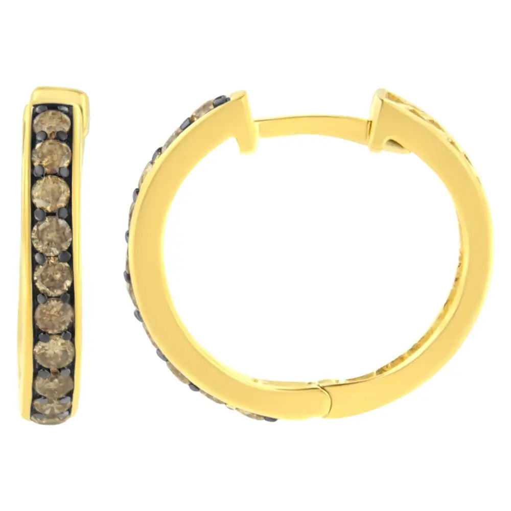 10k Yellow Gold and Black Rhodium Plated 1.0 Cttw Round-cut Diamond Hoop Earrings (champagne Color I1-i2 Clarity)