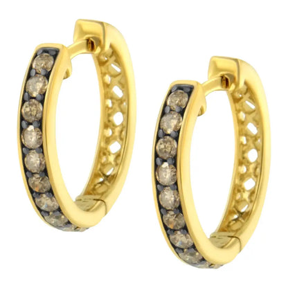 10k Yellow Gold and Black Rhodium Plated 1.0 Cttw Round-cut Diamond Hoop Earrings (champagne Color I1-i2 Clarity)