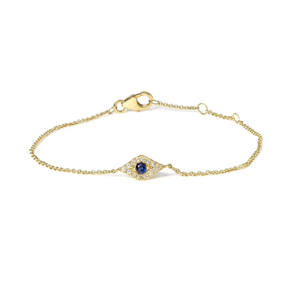 10k Yellow Gold Blue Sapphire and Diamond Accent Evil Eye Station Link Bracelet (h-i Color I1-i2 Clarity) - Size