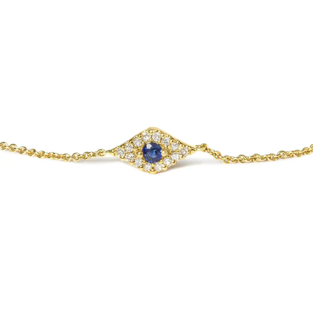 10k Yellow Gold Blue Sapphire and Diamond Accent Evil Eye Station Link Bracelet (h-i Color I1-i2 Clarity) - Size