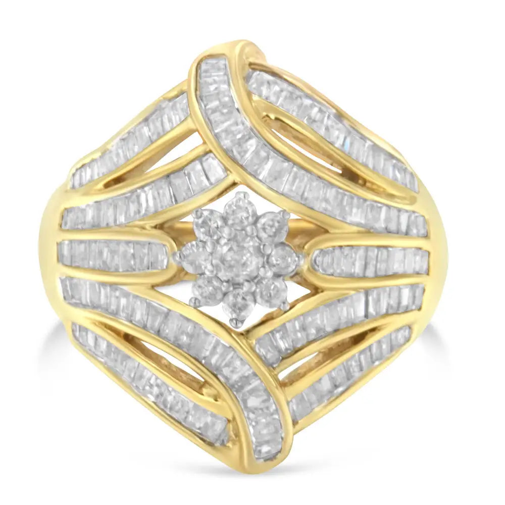 10k Yellow Gold Flashed.925 Sterling Silver 1-1/8 Cttw Round & Baguette Diamond ?Flower Fern’ Cluster Cocktail