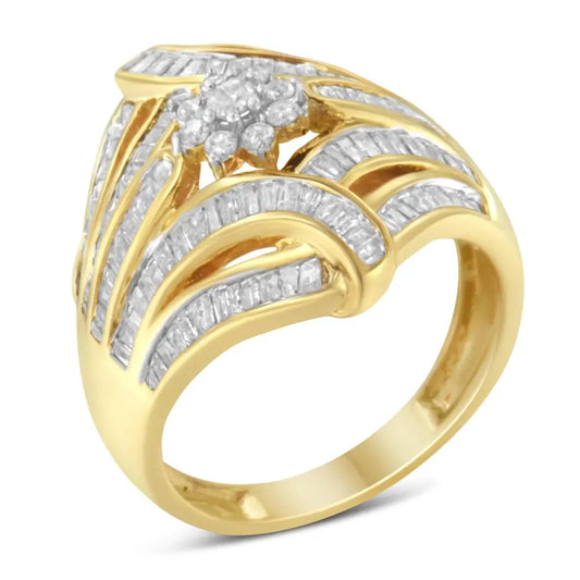 10k Yellow Gold Flashed.925 Sterling Silver 1-1/8 Cttw Round & Baguette Diamond ?Flower Fern’ Cluster Cocktail