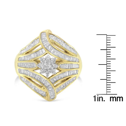 10k Yellow Gold Flashed.925 Sterling Silver 1-1/8 Cttw Round & Baguette Diamond ?Flower Fern’ Cluster Cocktail