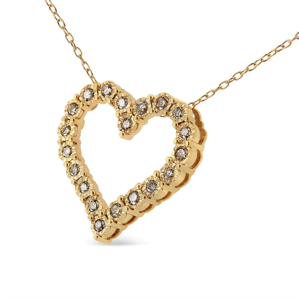 10k Yellow Gold Flashed.925 Sterling Silver 1/2 Cttw Champagne Diamond Miracle Plate Heart Pendant Necklace (k-l Color