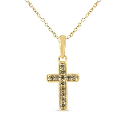 10k Yellow Gold Flashed.925 Sterling Silver 1/4 Cttw Champagne Diamond Cross Pendant Necklace (k-l Color I1-i2 Clarity)