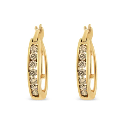 10k Yellow Gold Flashed.925 Sterling Silver 1/4 Cttw Channel Set Champagne Diamond Hoop Earring (k-l Color I1-i2