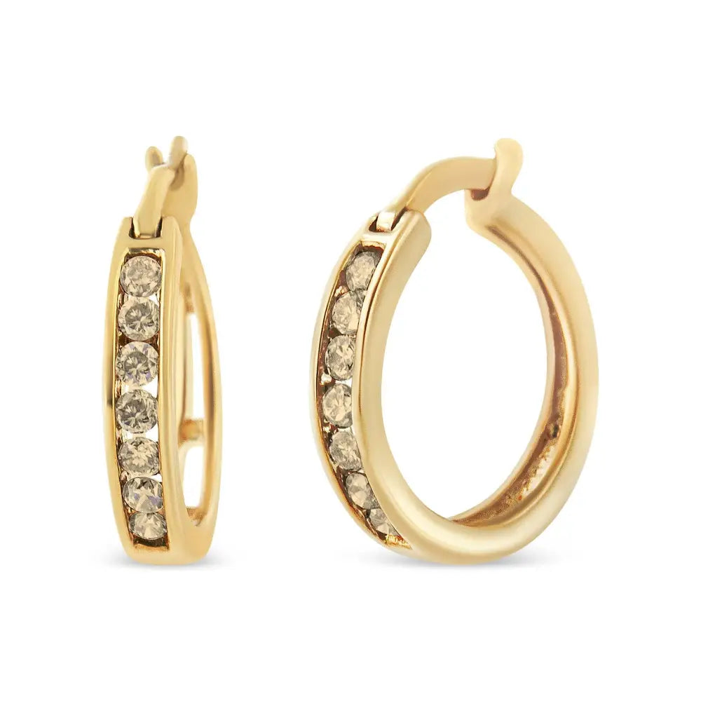 10k Yellow Gold Flashed.925 Sterling Silver 1/4 Cttw Channel Set Champagne Diamond Hoop Earring (k-l Color I1-i2