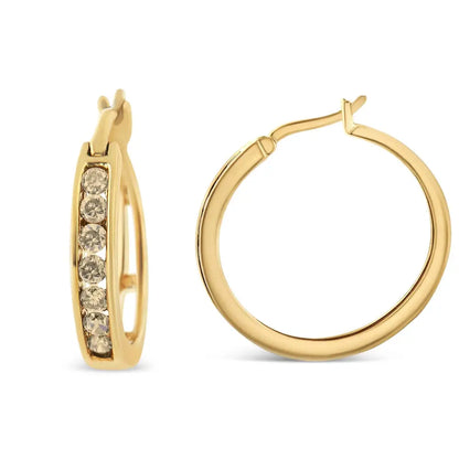 10k Yellow Gold Flashed.925 Sterling Silver 1/4 Cttw Channel Set Champagne Diamond Hoop Earring (k-l Color I1-i2