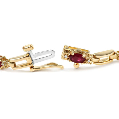 10k Yellow Gold Oval Ruby and 1/10 Cttw Diamond Bar Prong Set Bracelet (h-i Color Si1-si2 Clarity) - Size 7’’