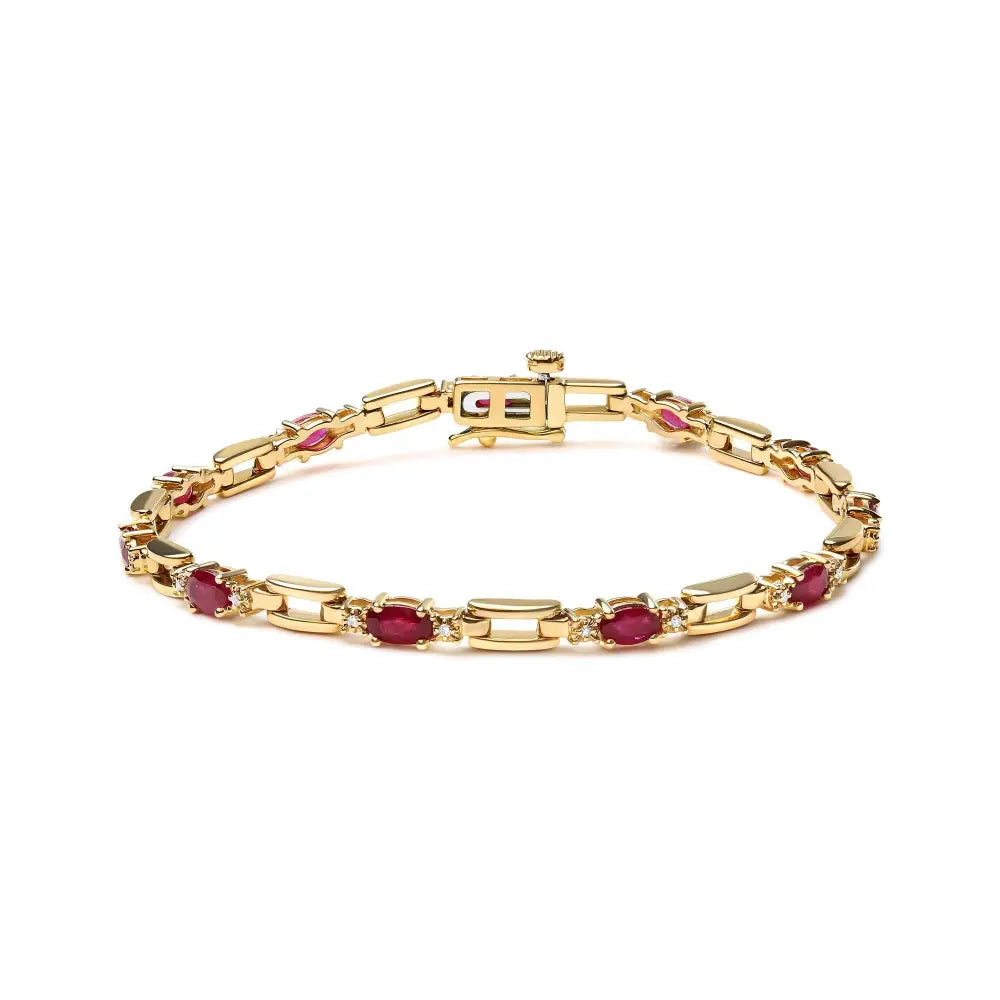 10k Yellow Gold Oval Ruby and 1/10 Cttw Diamond Bar Prong Set Bracelet (h-i Color Si1-si2 Clarity) - Size 7’’