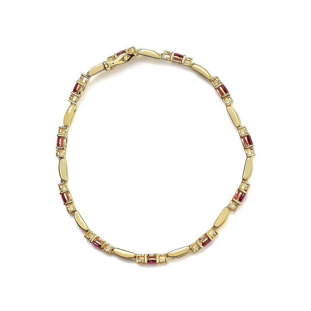 10k Yellow Gold Oval Ruby and 1/10 Cttw Diamond Bar Prong Set Bracelet (h-i Color Si1-si2 Clarity) - Size 7’’