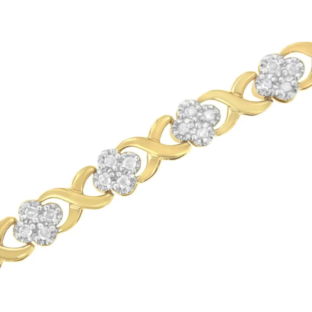 10k Yellow Gold Over.925 Sterling Silver 1.0 Cttw Diamond Cluster x Link Tennis Bracelet (h-i Color I3 Clarity)