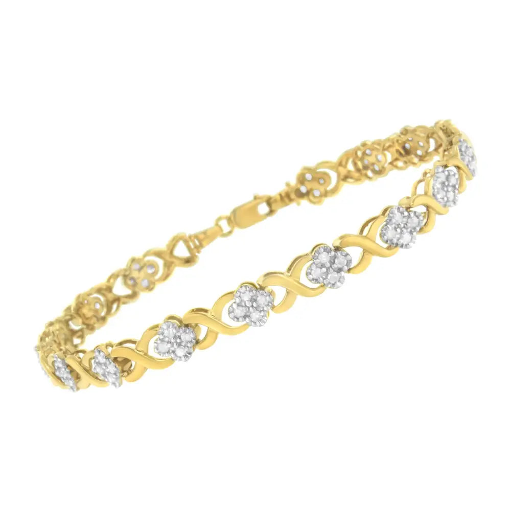 10k Yellow Gold Over.925 Sterling Silver 1.0 Cttw Diamond Cluster x Link Tennis Bracelet (h-i Color I3 Clarity)