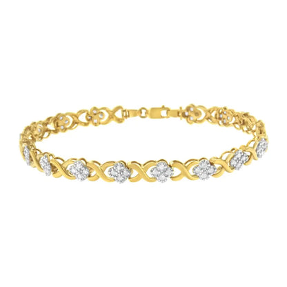 10k Yellow Gold Over.925 Sterling Silver 1.0 Cttw Diamond Cluster x Link Tennis Bracelet (h-i Color I3 Clarity)