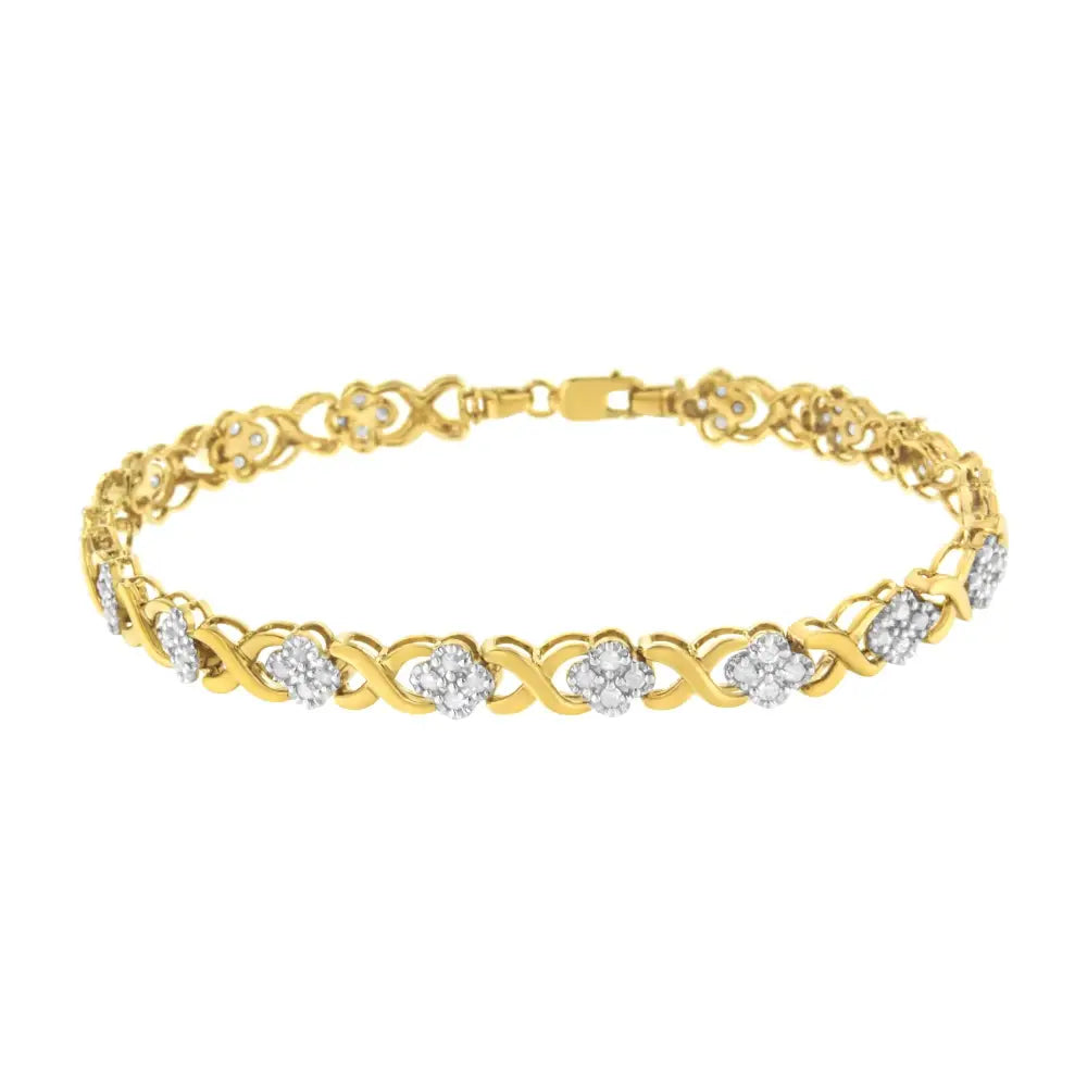 10k Yellow Gold Over.925 Sterling Silver 1.0 Cttw Diamond Cluster x Link Tennis Bracelet (h-i Color I3 Clarity)