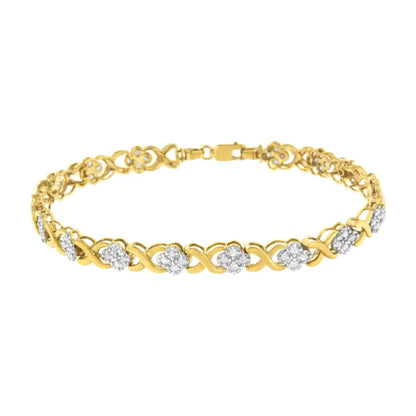 10k Yellow Gold Over.925 Sterling Silver 1.0 Cttw Diamond Cluster x Link Tennis Bracelet (h-i Color I3 Clarity)