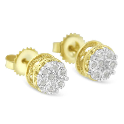 10k Yellow Gold Over.925 Sterling Silver 1/7 Cttw Rose-cut Miracle-set Diamond Floral Cluster Button Stud Earrings (i-j