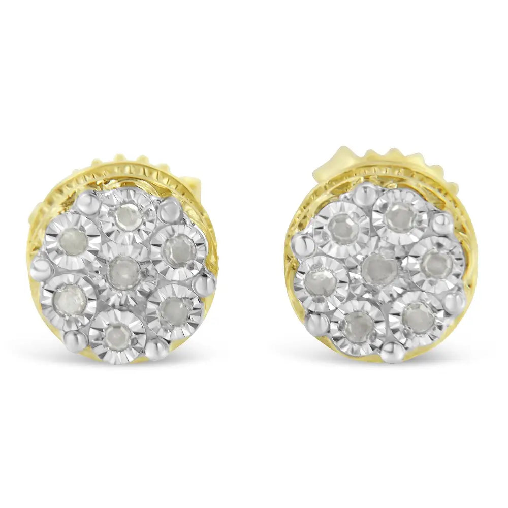 10k Yellow Gold Over.925 Sterling Silver 1/7 Cttw Rose-cut Miracle-set Diamond Floral Cluster Button Stud Earrings (i-j