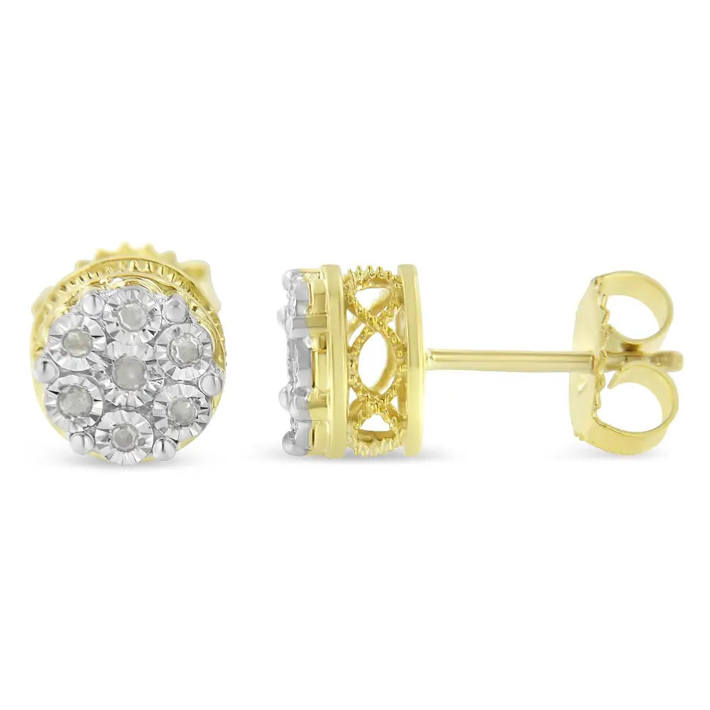 10k Yellow Gold Over.925 Sterling Silver 1/7 Cttw Rose-cut Miracle-set Diamond Floral Cluster Button Stud Earrings (i-j