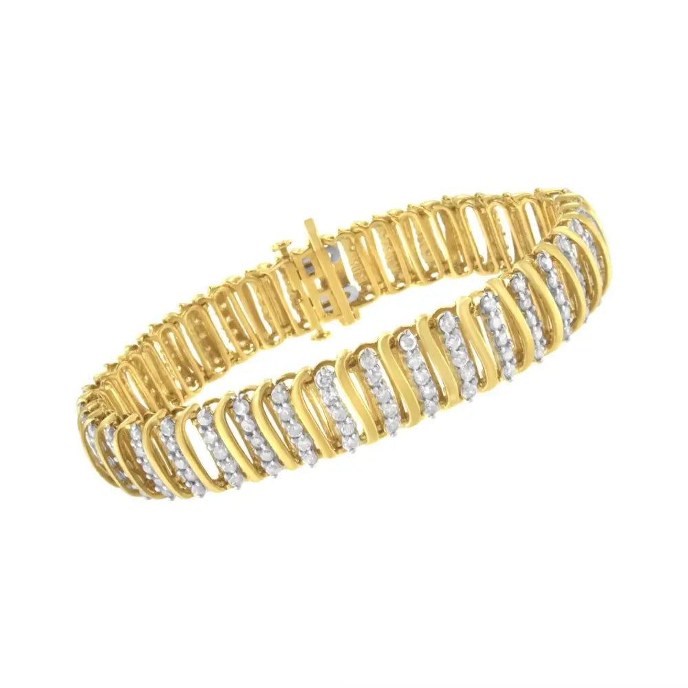 10k Yellow Gold Over.925 Sterling Silver 5.0 Cttw Diamond s Shaped Wave Link Two Tone 7” Tennis Bracelet (i-j Color