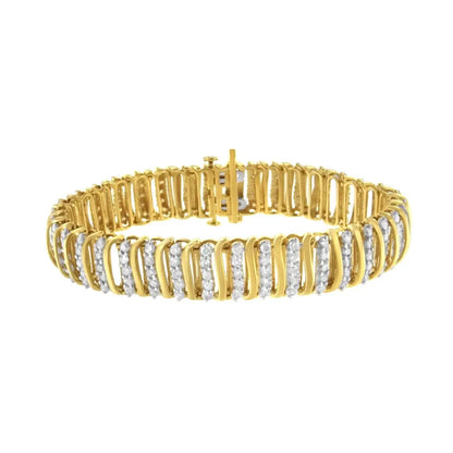 10k Yellow Gold Over.925 Sterling Silver 5.0 Cttw Diamond s Shaped Wave Link Two Tone 7” Tennis Bracelet (i-j Color